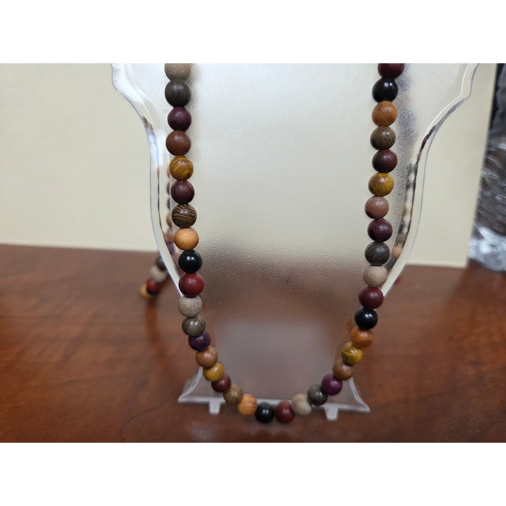 Natural Multi Color Wood Bead Mala Prayer Necklace 8mm Meditation Yoga Boho